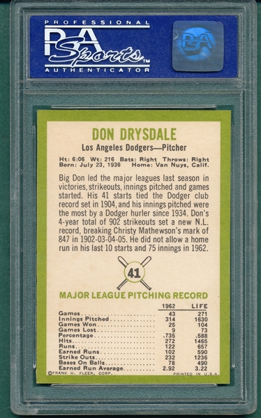 1963 Fleer #41 Don Drysdale PSA 9 *MINT*