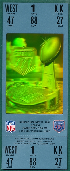 1991 Super Bowl XXV Full Hologram Ticket, Giants Vs Bills
