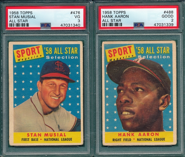 1958 Topps #476 Stan Musial, AS, & #488 Aaron, AS, Lot of (2) PSA 