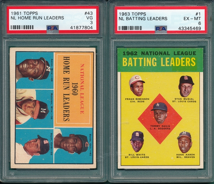 1961 Topps #43 NL Home Run W/ Banks & Aaron, PSA 3 & 1963 Topps #1 NL Batting W/ Musial & Aaron, PSA 6, Lot of (2)