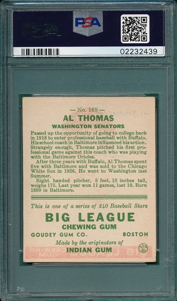 1933 Goudey #169 Al Thomas PSA 5.5