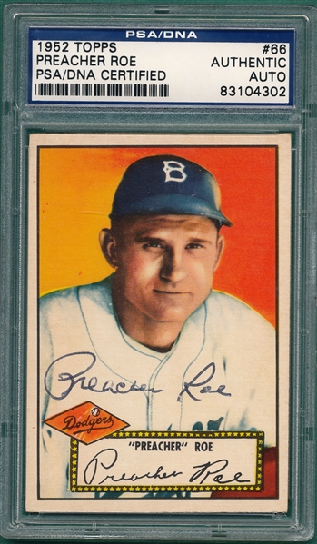 1952 Topps #66 Preacher Roe, Signed, PSA/DNA Certified 