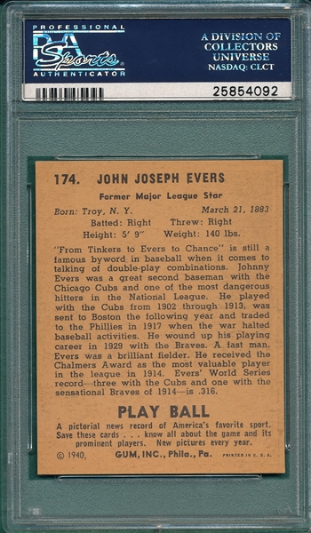 1940 Play Ball #174 Johnny Evers PSA 6
