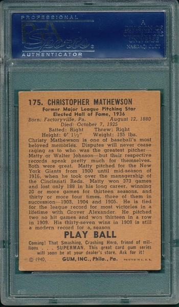 1940 Play Ball #175 Christy Mathewson PSA 4