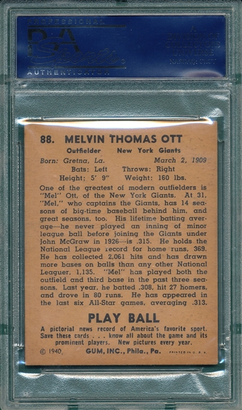 1940 Play Ball #88 Mel Ott PSA 6