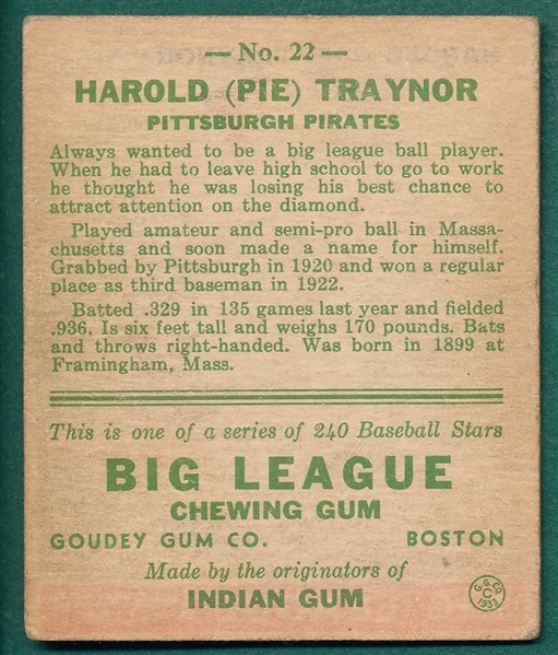 1933 Goudey #22 Pie Traynor SGC 3