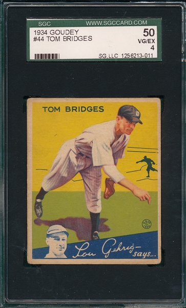1934 Goudey #44 Tom Bridges SGC 50