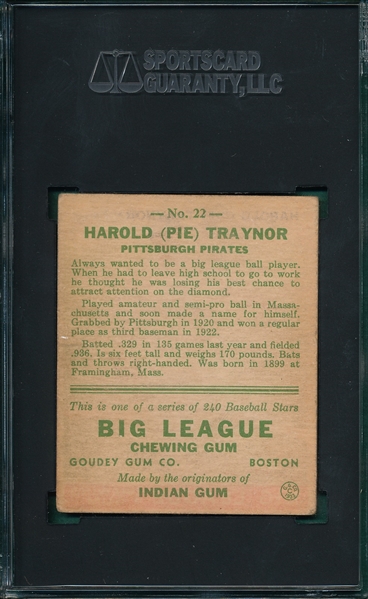 1933 Goudey #22 Pie Traynor SGC 3