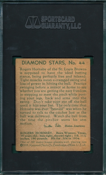 1934-36 Diamond Stars #34 Rogers Hornsby SGC 1.5