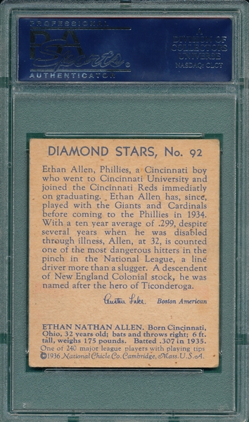 1934-36 Diamond Stars #92 Ethan Allen PSA 4 *Hi #*