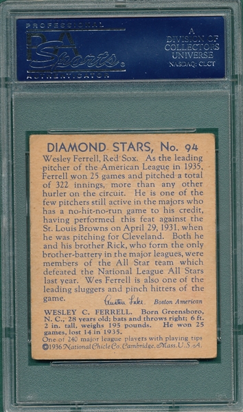 1934-36 Diamond Stars #94 Wes Ferrell PSA 4 *Hi #*