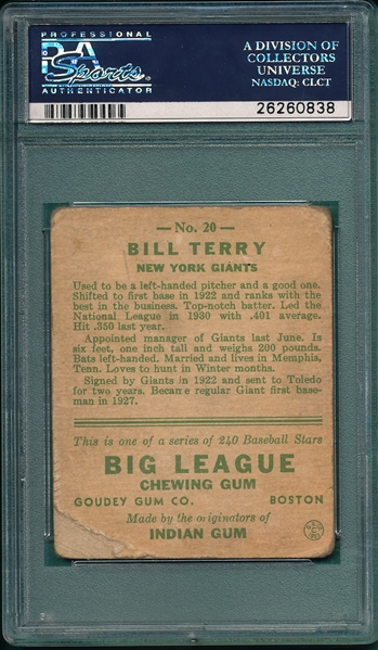 1933 Goudey #20 Bill Terry PSA 1