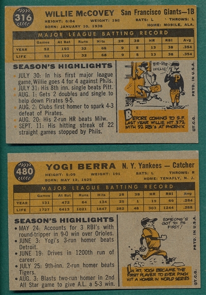 1960 Topps #316 McCovey, Rookie, & #480 Berra, Lot of (2)