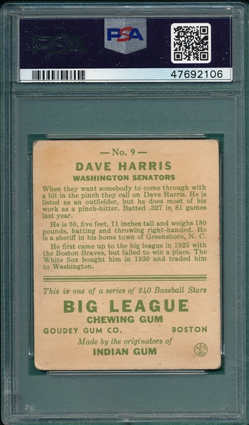 1933 Goudey #9 Dave Harris PSA 2