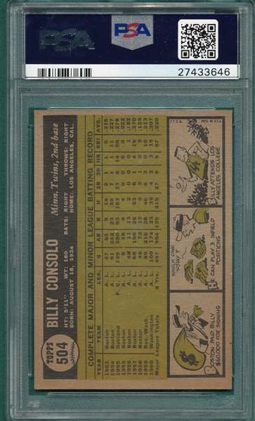 1961 Topps #504 Billy Consolo PSA 9 *Mint* *Only One Higher*