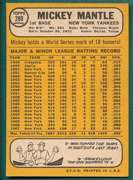1968 Topps #280 Mickey Mantle 