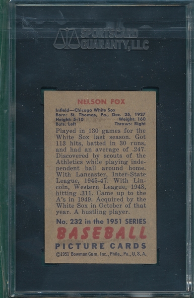 1951 Bowman #232 Nelson Fox SGC 4.5 *Rookie*