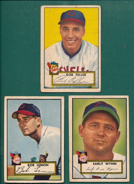 1952 Topps #268 Bob Lemon, #277 Wynn & #88 Feller, Red, Lot of (3)