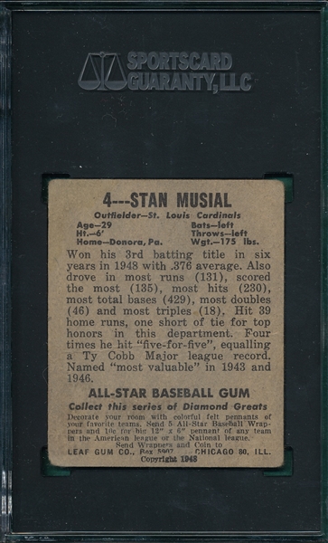 1948 Leaf #4 Stan Musial SGC 1.5 *Rookie*