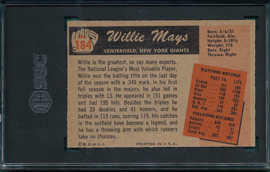 1955 Bowman #184 Willie Mays SGC Authentic *NRMT Appearance*