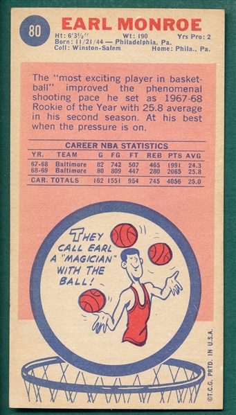 1969 Topps Basketball #80 Earl Monroe *Rookie*