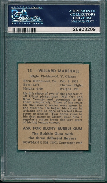 1948 Bowman #13 Willard Marshall PSA 8 *SP*
