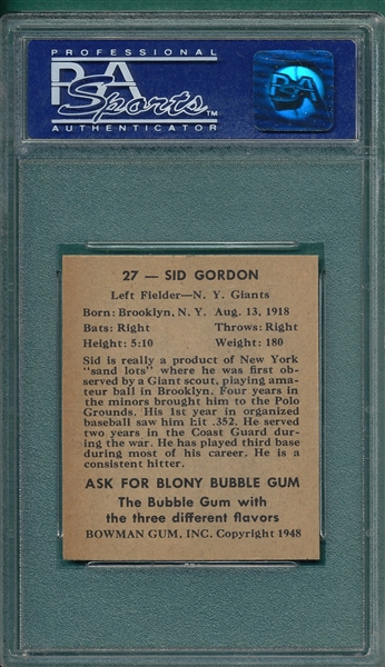 1948 Bowman #27 Sid Gordon PSA 8 