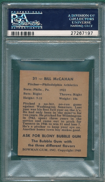 1948 Bowman #31 Bill McCahan PSA 8 