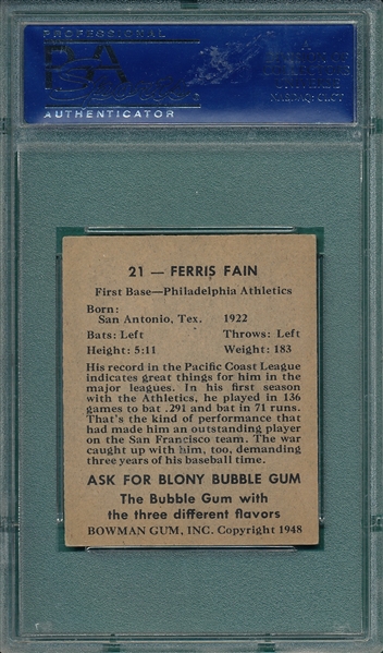 1948 Bowman #21 Ferris Fain PSA 8 