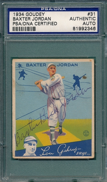 1934 Goudey #31 Baxter Jordan PSA/DNA Authentic *Signed*