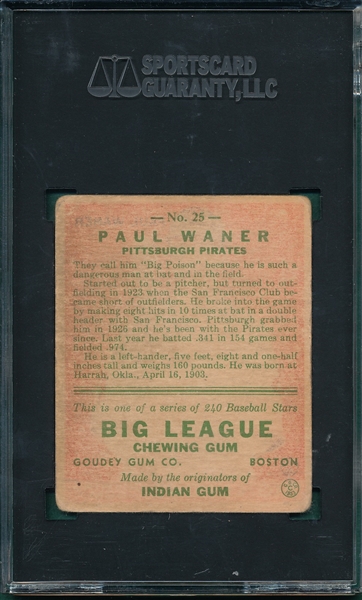 1933 Goudey #25 Paul Waner SGC 1.5