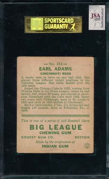 1933 Goudey #213 Earl Adams SGC Authentic *Signed*