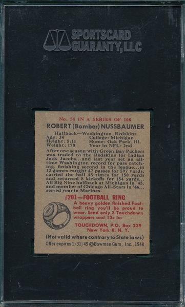 1948 Bowman FB #58 Robert Nussbaumer SGC 88