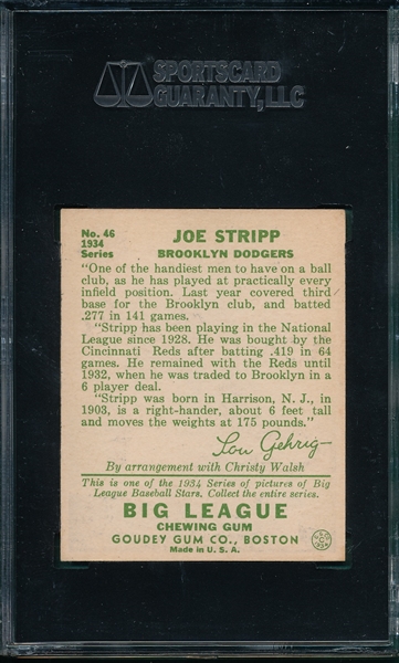 1934 Goudey #46 Joe Stripp SGC 84