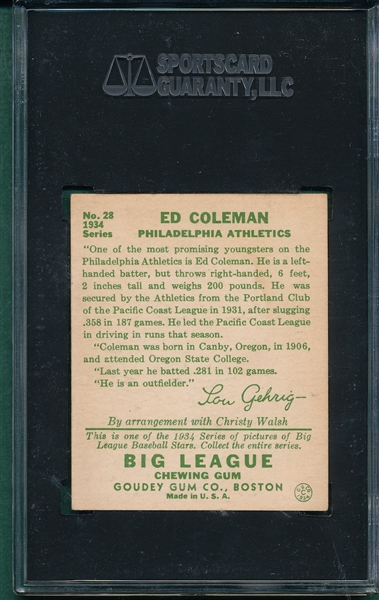1934 Goudey #28 Ed Coleman SGC 84
