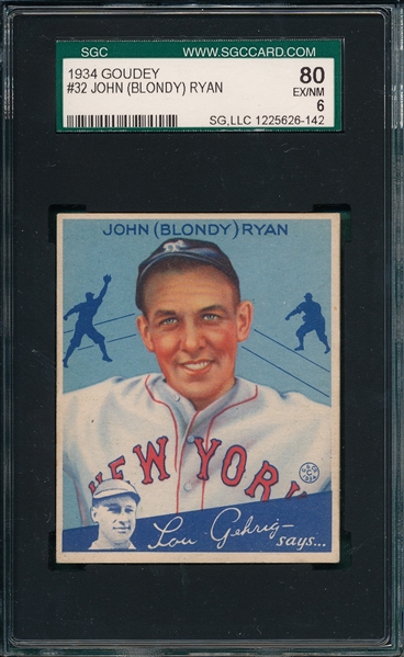 1934 Goudey #32 John Ryan SGC 80