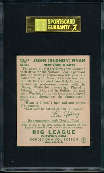 1934 Goudey #32 John Ryan SGC 80
