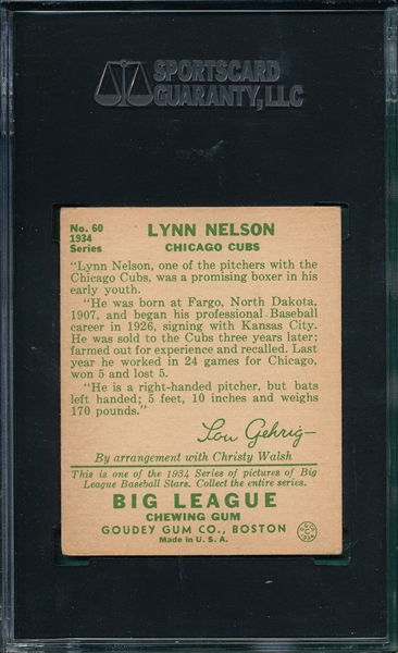 1934 Goudey #60 Lynn Nelson SGC 60