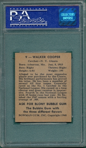 1948 Bowman #9 Walker Cooper PSA 7