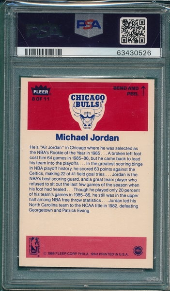 1986 Fleer #8 Michael Jordan, Sticker, PSA 7 *Rookie*