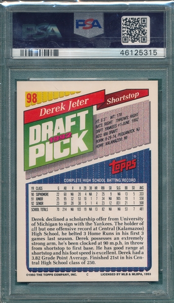 1993 Topps #98 Derek Jeter PSA 9 *Rookie*