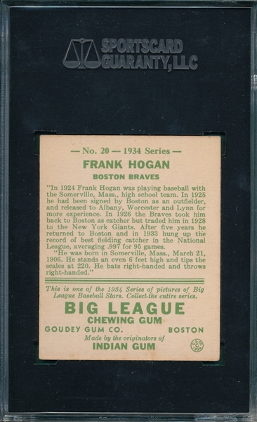 1934 Goudey #20 Frank Hogan SGC 70