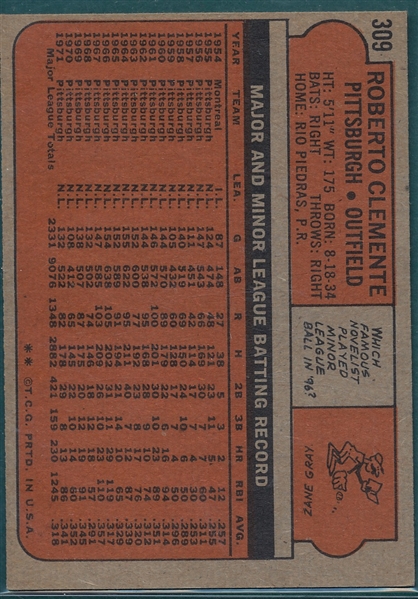 1972 Topps #309 Roberto Clemente