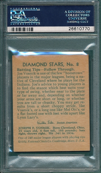 1934-36 Diamond Stars #8 Joe Vosmik PSA 8 