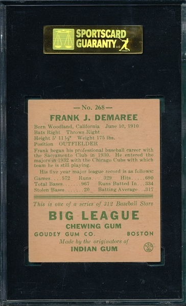 1938 Goudey Heads-Up #268 Frank Demaree SGC 84