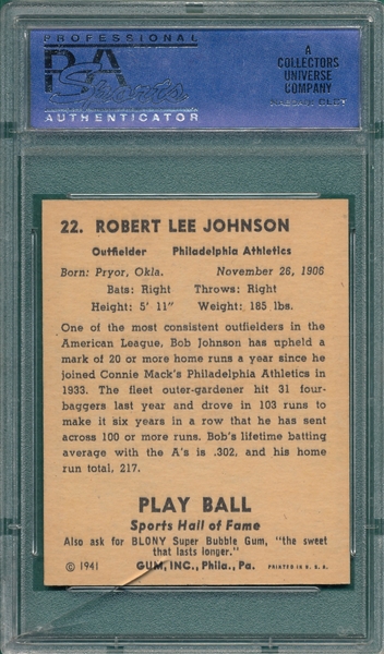 1941 Play Ball #22 Indian Bob Johnson PSA 8