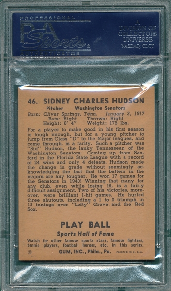 1941 Play Ball #46 Sid Hudson PSA 7