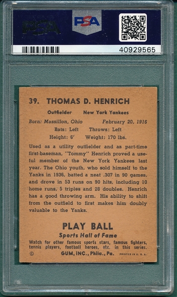 1941 Play Ball #39 Tommy Henrich PSA 7