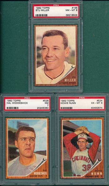 1962 Topps #155 Miller, #524 Nunn & #526 Woodeshick, Lot of (3) PSA 