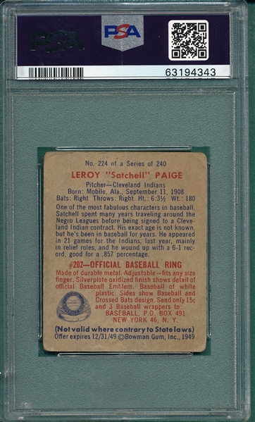 1949 Bowman #224 Satchell Paige PSA 1.5 *Hi #* *Presents Better*